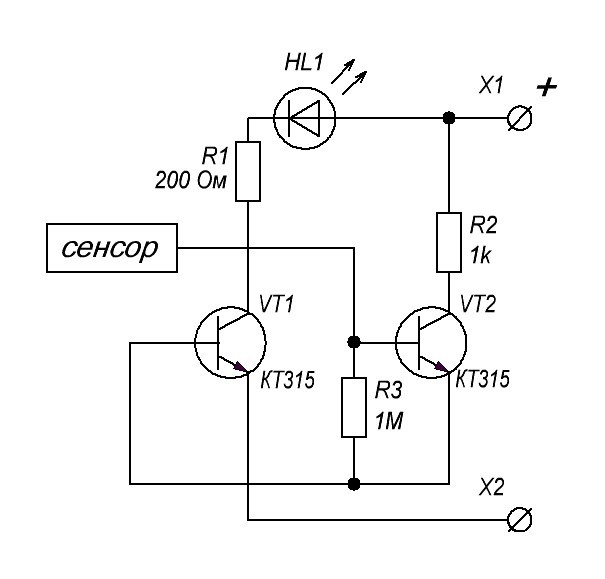 Сенсорный включатель на двух транзисторах.